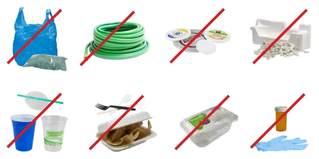 Túi nhựa, ống nước, nắp nhựa rời, xốp, cốc uống nhựa, hộp đựng đồ ăn mang đi bằng nhựa, hộp đựng quả mọng bằng nhựa, găng tay nhựa, lọ thuốc nhỏ.