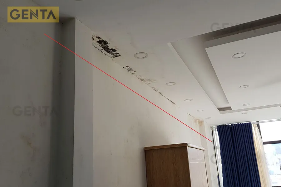 Tường công trình bị ẩm mốc và hư hại, hậu quả của việc thấm dột qua khe lún không được xử lý chống thấm