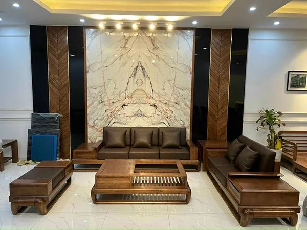Tường phòng khách ốp nhựa vân đá trang trí độc đáo