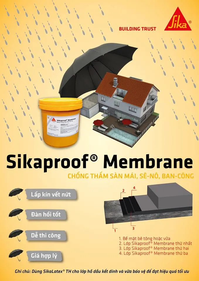 Ứng dụng chống thấm Sikaproof Membrane cho sàn mái, ban công, sê-nô và tường đứng.