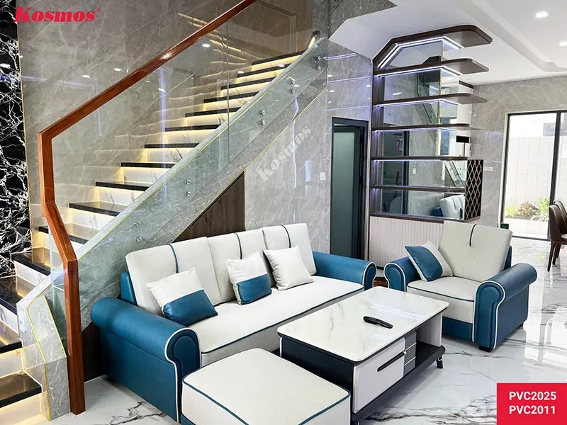 Ứng dụng tấm pvc vân đá xám PVC2025 ốp tường phòng khách, mang lại vẻ đẹp hiện đại và sang trọng.