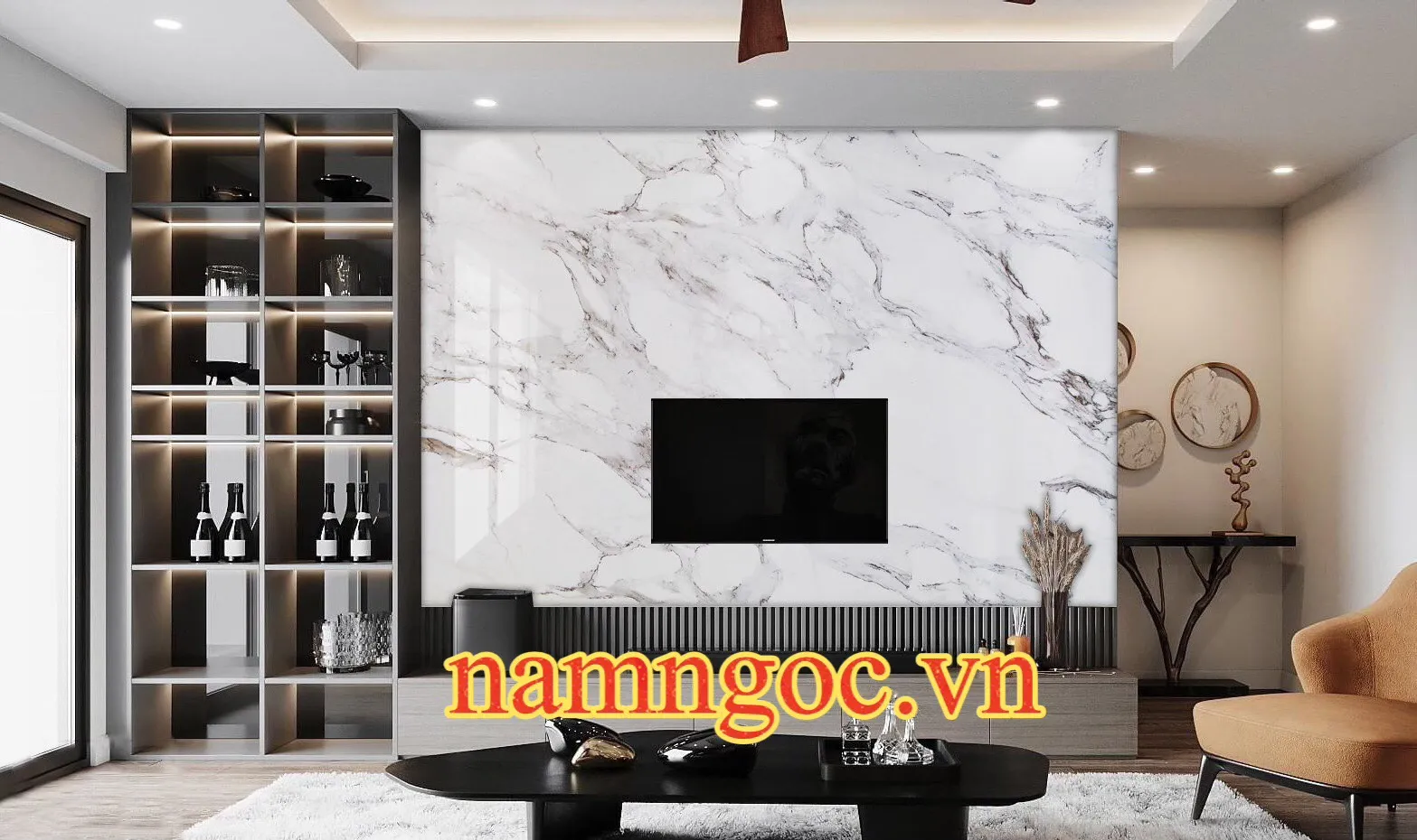 Vách ốp mica giả đá tạo điểm nhấn sau tivi sang trọng