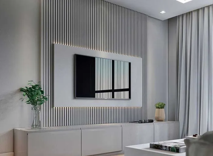 Vách tivi giả đá cẩm thạch kết hợp lam sóng vân gỗ tinh tế