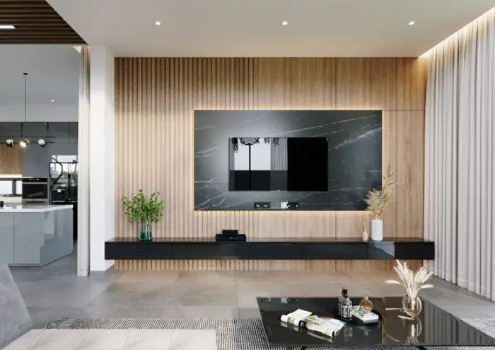 Vách tivi lam sóng nhựa đẹp, kết hợp hài hòa với tủ kệ