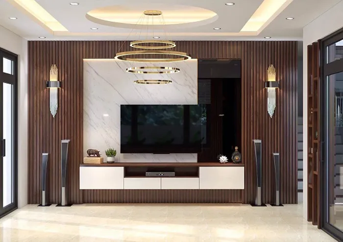 Vách tivi lam sóng nhựa đẹp kết hợp màu sắc trung tính