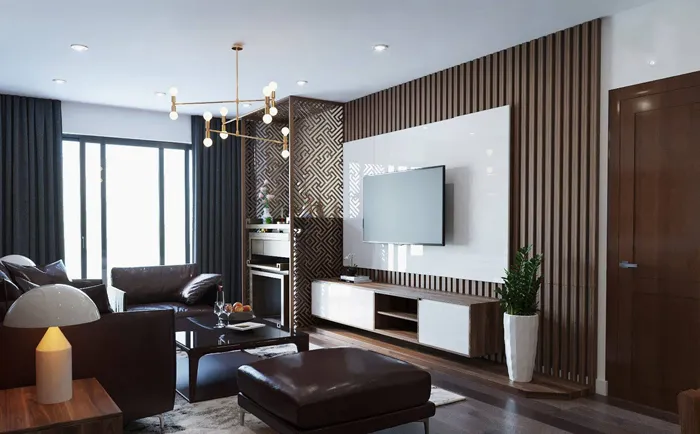 Vách tivi lam sóng nhựa đẹp kết hợp vân đá marble