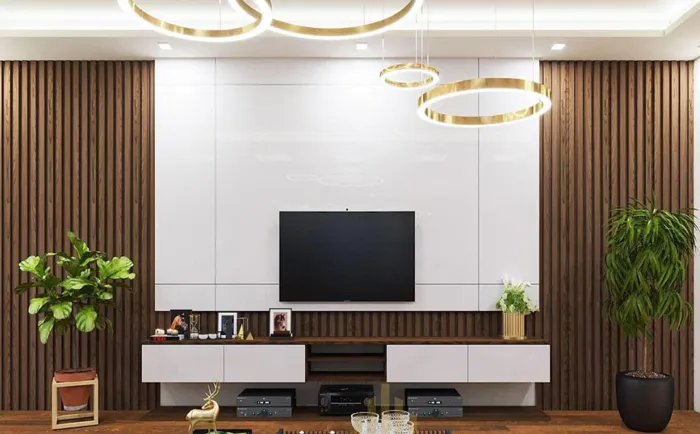 Vách tivi lam sóng nhựa đẹp với hệ thống đèn led ẩn