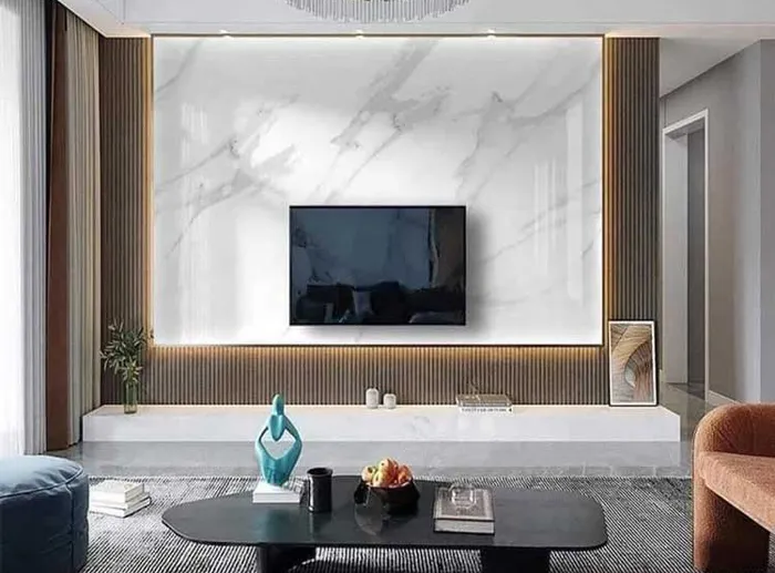 Vách tivi lam sóng nhựa đẹp với họa tiết đá trầm