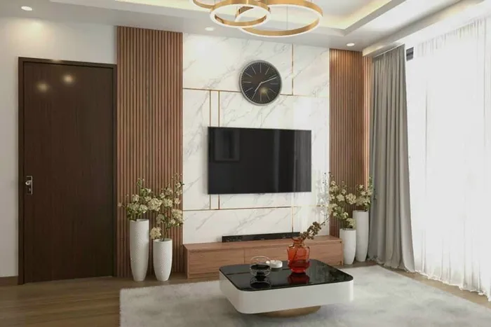 Vách tivi lam sóng nhựa đẹp với kệ trang trí tích hợp