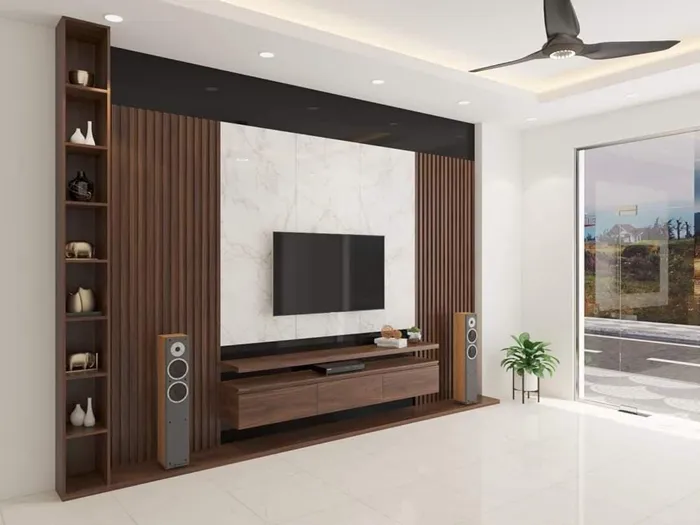Vách tivi lam sóng nhựa đẹp với mảng giả đá lớn