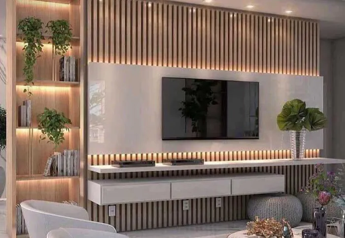 Vách tivi lam sóng nhựa đẹp với sự kết hợp của nhiều vật liệu