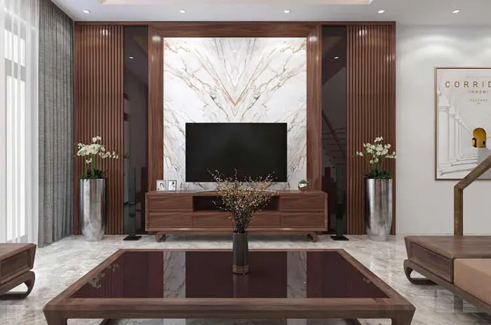 Vách tivi lam sóng nhựa PVC đẹp với thiết kế tối giản