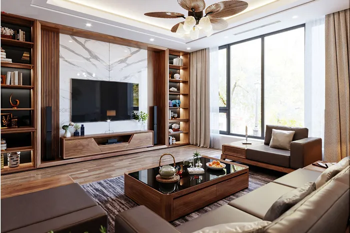 Vách tivi nhựa đẹp, sang trọng với các tấm ốp giả đá lớn