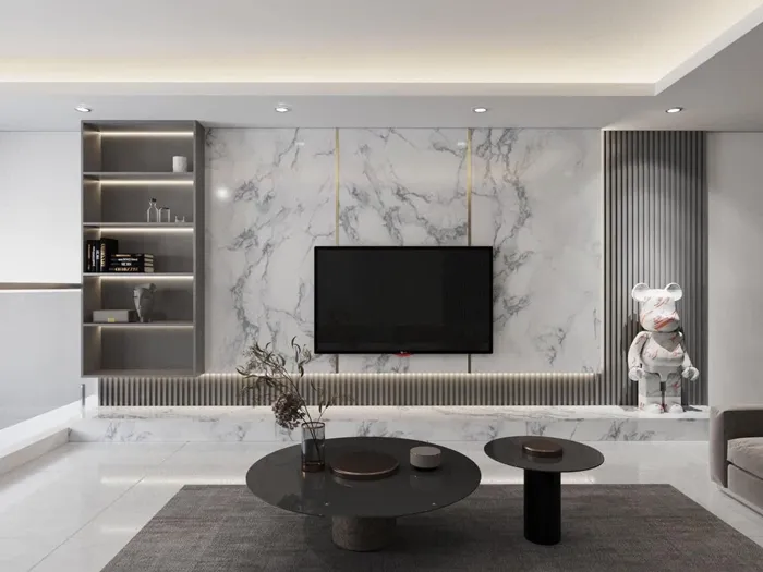 Vách tivi nhựa lam sóng vân đá kết hợp ánh sáng hắt tạo chiều sâu