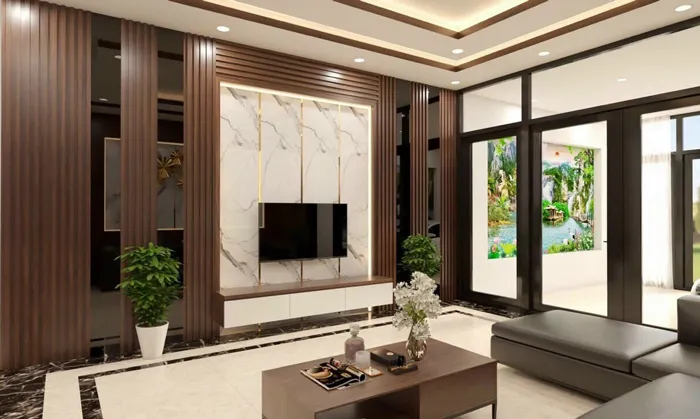 Vách tivi nhựa PVC giả gỗ đẹp với kệ trang trí