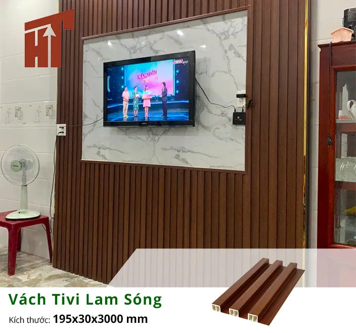Vách tivi ốp tấm nhựa lam sóng 3S30-4 tạo không gian ấm cúng